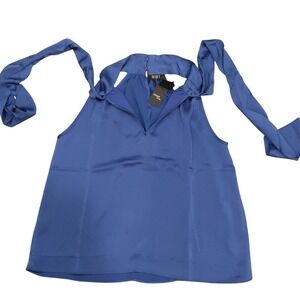 Reset by Jane Womens Blue Sleeveless Tie Neck Blouse Top